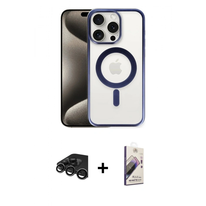 MARSİLYAN™- iPhone 15 Pro Max Kılıf Siluet Çizgi Serisi - Siyah Bilvis 3D Mat Cam Ekran Koruyucu + Raze Metal Kamera Lens - TMGI