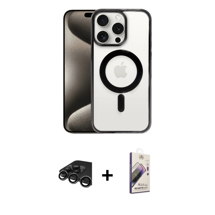 MARSİLYAN™- iPhone 15 Pro Max Kılıf Siluet Çizgi Serisi - Siyah Bilvis 3D Mat Cam Ekran Koruyucu + Raze Metal Kamera Lens - TMGI