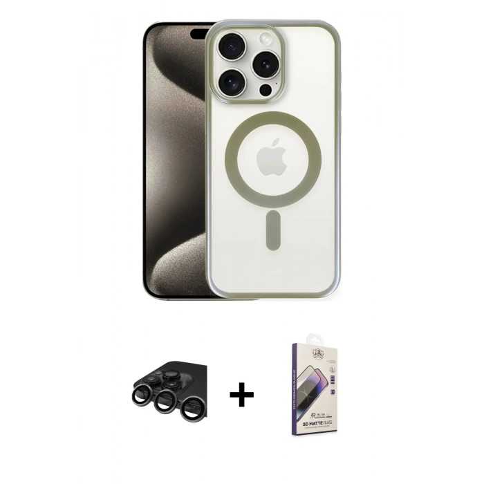 MARSİLYAN™- iPhone 15 Pro Max Kılıf Siluet Çizgi Serisi - Siyah Bilvis 3D Mat Cam Ekran Koruyucu + Raze Metal Kamera Lens - TMGI