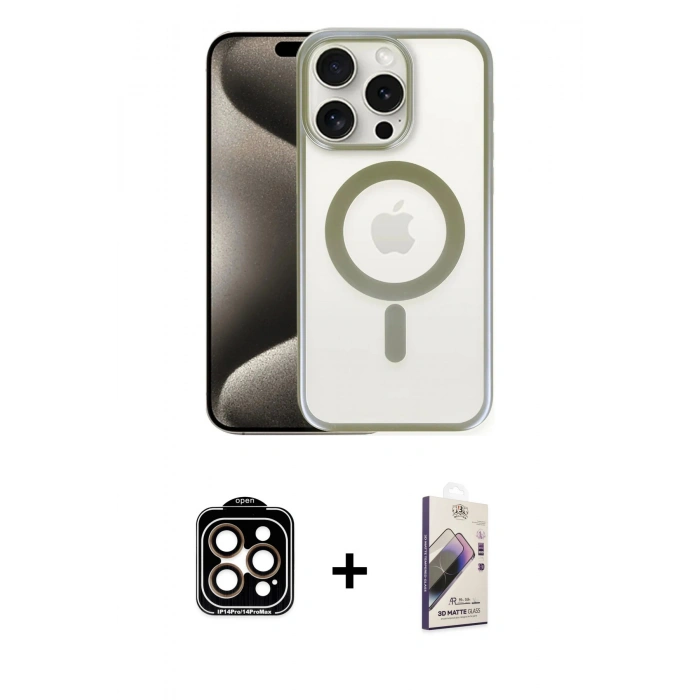 MARSİLYAN™- iPhone 15 Pro Max Kılıf Siluet Çizgi Serisi - Siyah Bilvis 3D Mat Cam Ekran Koruyucu + PVD Metal Kamera Lens - TU