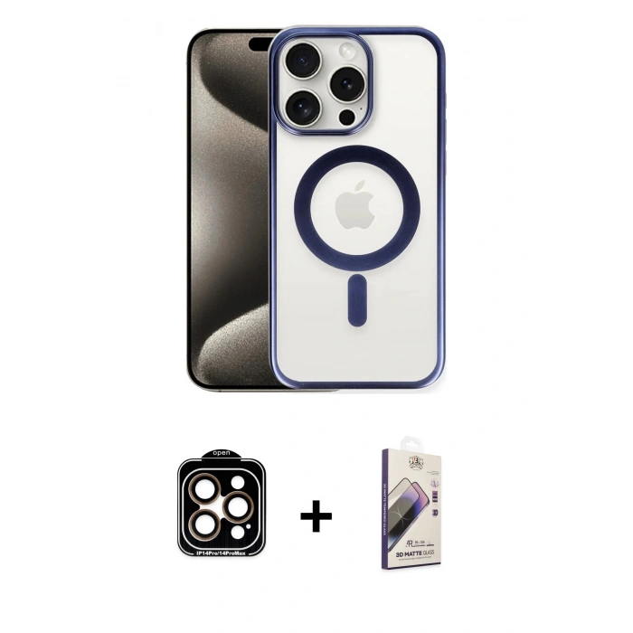 MARSİLYAN™- iPhone 15 Pro Max Kılıf Siluet Çizgi Serisi - Siyah Bilvis 3D Mat Cam Ekran Koruyucu + PVD Metal Kamera Lens - TU