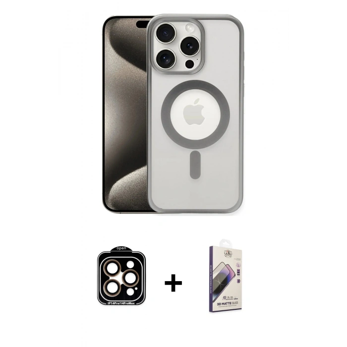 MARSİLYAN™- iPhone 15 Pro Max Kılıf Siluet Çizgi Serisi - Siyah Bilvis 3D Mat Cam Ekran Koruyucu + PVD Metal Kamera Lens - TU