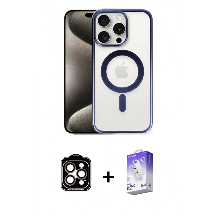 MARSİLYAN™- iPhone 15 Pro Max Kılıf Siluet Çizgi Serisi - Siyah Bilvis 5in1 3D Magic Cam Ekran Koruyucu + PVD Metal Kamera Lens - TU