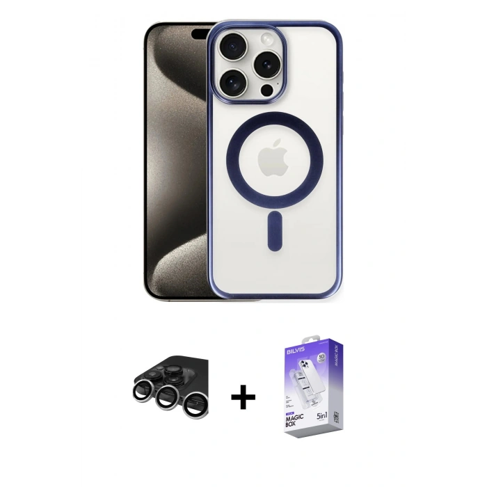 MARSİLYAN™- iPhone 15 Pro Max Kılıf Siluet Çizgi Serisi - Siyah Bilvis 5in1 3D Magic Cam Ekran Koruyucu + Raze Metal Kamera Lens - GS