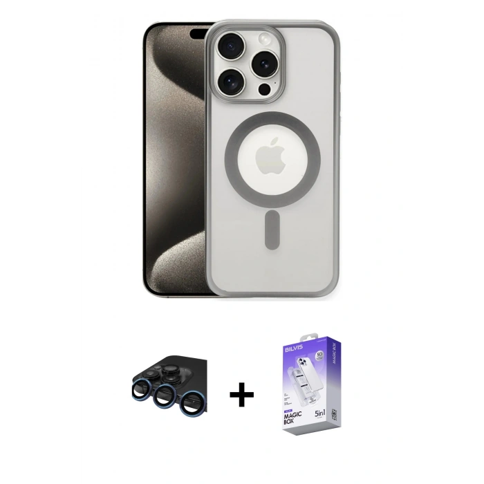 MARSİLYAN™- iPhone 15 Pro Max Kılıf Siluet Çizgi Serisi - Siyah Bilvis 5in1 3D Magic Cam Ekran Koruyucu + Raze Metal Kamera Lens - LT