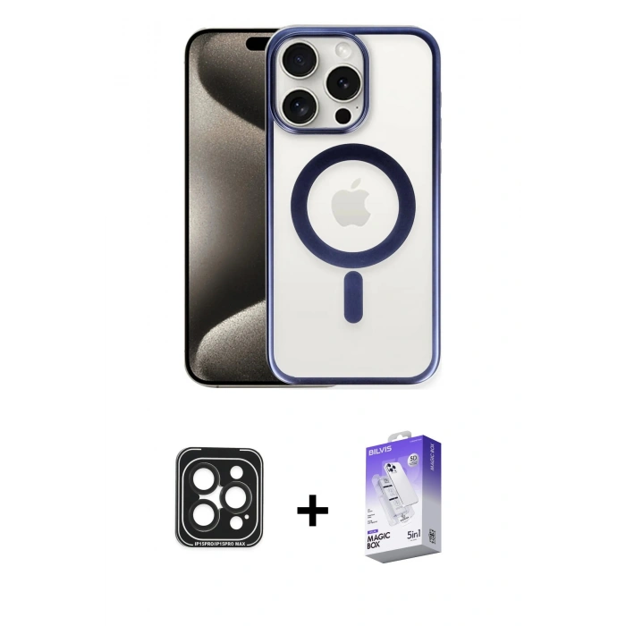 MARSİLYAN™- iPhone 15 Pro Max Kılıf Siluet Çizgi Serisi - Siyah Bilvis 5in1 3D Magic Cam Ekran Koruyucu + PVD Metal Kamera Lens - SH