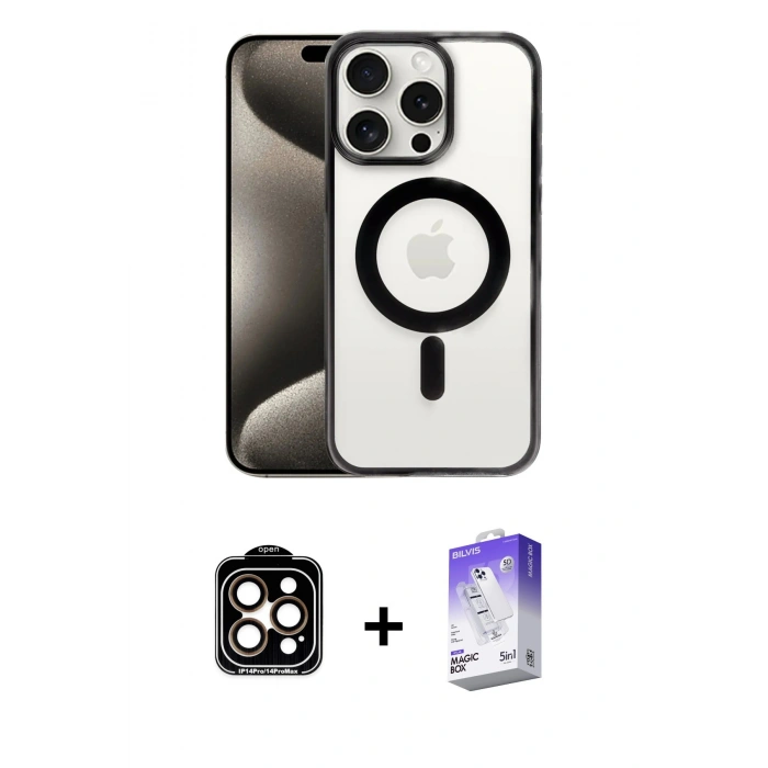 MARSİLYAN™- iPhone 15 Pro Max Kılıf Siluet Çizgi Serisi - Siyah Bilvis 5in1 3D Magic Cam Ekran Koruyucu + PVD Metal Kamera Lens - TU