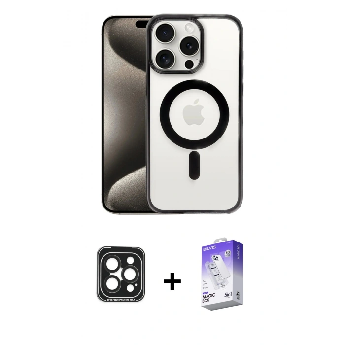 MARSİLYAN™- iPhone 15 Pro Max Kılıf Siluet Çizgi Serisi - Siyah Bilvis 5in1 3D Magic Cam Ekran Koruyucu + PVD Metal Kamera Lens - SH
