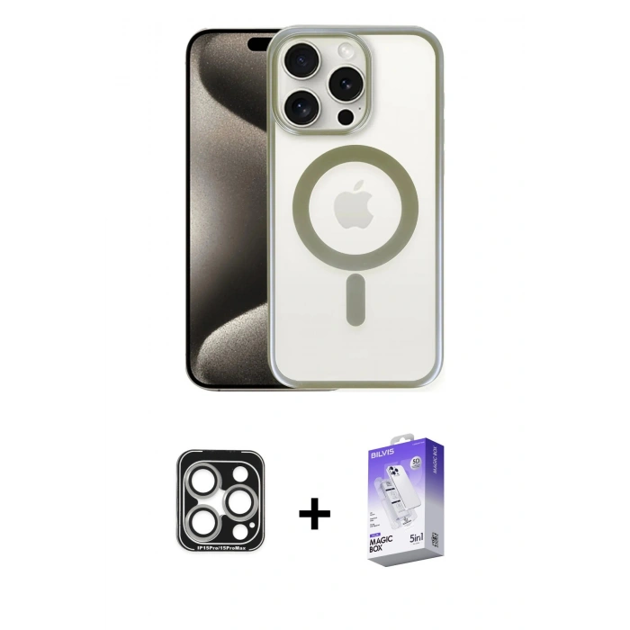 MARSİLYAN™- iPhone 15 Pro Max Kılıf Siluet Çizgi Serisi - Siyah Bilvis 5in1 3D Magic Cam Ekran Koruyucu + Gümüş PVD Metal Kamera Lens