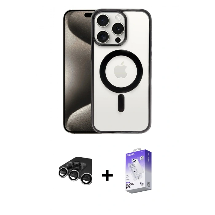 MARSİLYAN™- iPhone 15 Pro Max Kılıf Siluet Çizgi Serisi - Siyah Bilvis 5in1 3D Magic Cam Ekran Koruyucu + Raze Metal Kamera Lens - GS