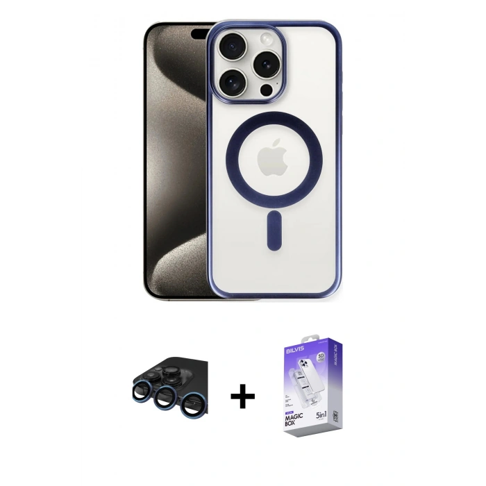 MARSİLYAN™- iPhone 15 Pro Max Kılıf Siluet Çizgi Serisi - Siyah Bilvis 5in1 3D Magic Cam Ekran Koruyucu + Raze Metal Kamera Lens - LT