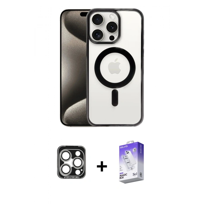 MARSİLYAN™- iPhone 15 Pro Max Kılıf Siluet Çizgi Serisi - Siyah Bilvis 5in1 3D Magic Cam Ekran Koruyucu + Gümüş PVD Metal Kamera Lens