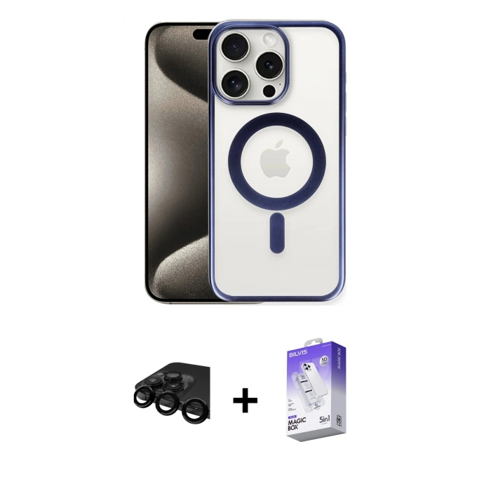 MARSİLYAN™- iPhone 15 Pro Max Kılıf Siluet Çizgi Serisi - Siyah Bilvis 5in1 3D Magic Cam Ekran Koruyucu + Raze Metal Kamera Lens - SH