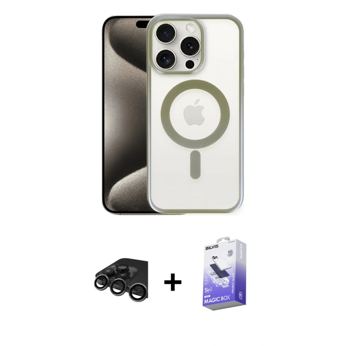 MARSİLYAN™- iPhone 15 Pro Max Kılıf Siluet Çizgi Serisi - Siyah Bilvis 5in1 5D Magic Hayalet Cam Ekran Koruyucu + Raze Metal Kamera Lens - TMGI