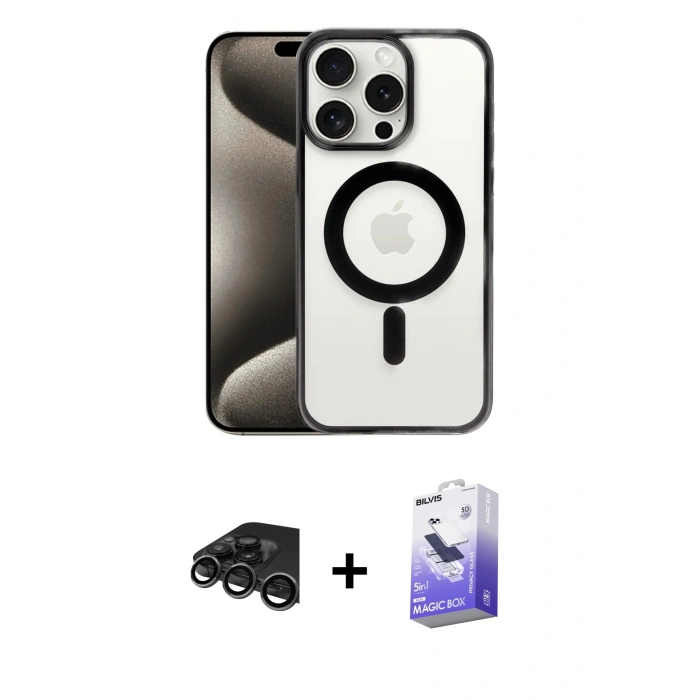 MARSİLYAN™- iPhone 15 Pro Max Kılıf Siluet Çizgi Serisi - Siyah Bilvis 5in1 5D Magic Hayalet Cam Ekran Koruyucu + Raze Metal Kamera Lens - TMGI