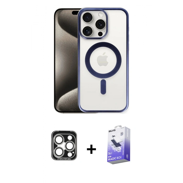 MARSİLYAN™- iPhone 15 Pro Max Kılıf Siluet Çizgi Serisi - Siyah Bilvis 5in1 5D Magic Hayalet Cam Ekran Koruyucu + Gümüş PVD Metal Kamera Lens