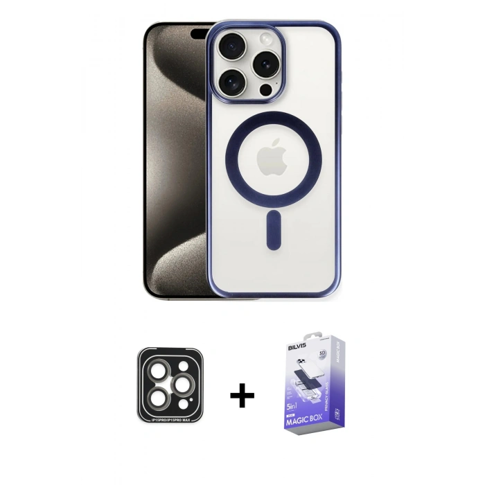 MARSİLYAN™- iPhone 15 Pro Max Kılıf Siluet Çizgi Serisi - Siyah Bilvis 5in1 5D Magic Hayalet Cam Ekran Koruyucu + PVD Metal Kamera Lens - GI
