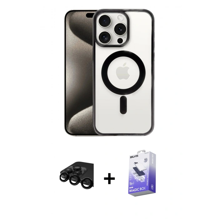 MARSİLYAN™- iPhone 15 Pro Max Kılıf Siluet Çizgi Serisi - Siyah Bilvis 5in1 5D Magic Hayalet Cam Ekran Koruyucu + Siyah Raze Metal Kamera Lens
