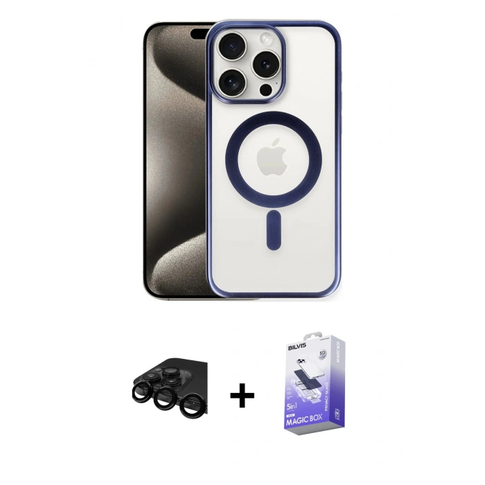 MARSİLYAN™- iPhone 15 Pro Max Kılıf Siluet Çizgi Serisi - Siyah Bilvis 5in1 5D Magic Hayalet Cam Ekran Koruyucu + Siyah Raze Metal Kamera Lens