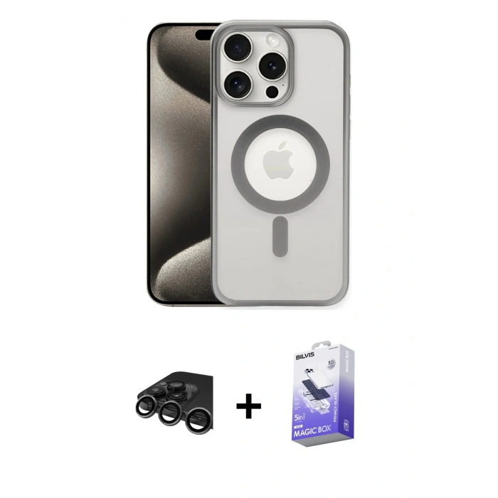 MARSİLYAN™- iPhone 15 Pro Max Kılıf Siluet Çizgi Serisi - Siyah Bilvis 5in1 5D Magic Hayalet Cam Ekran Koruyucu + Raze Metal Kamera Lens - TMGI