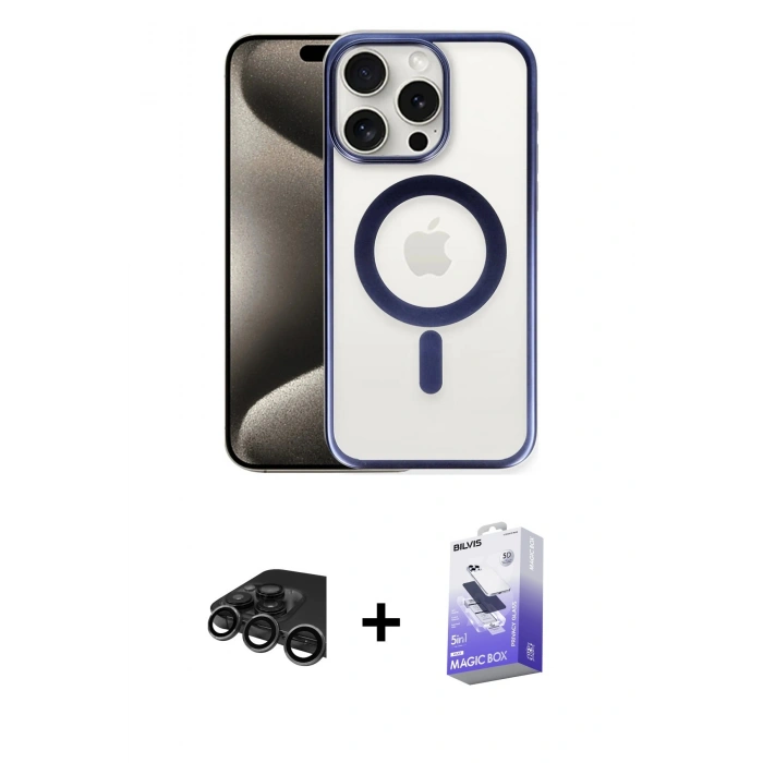 MARSİLYAN™- iPhone 15 Pro Max Kılıf Siluet Çizgi Serisi - Siyah Bilvis 5in1 5D Magic Hayalet Cam Ekran Koruyucu + Raze Metal Kamera Lens - TMGI