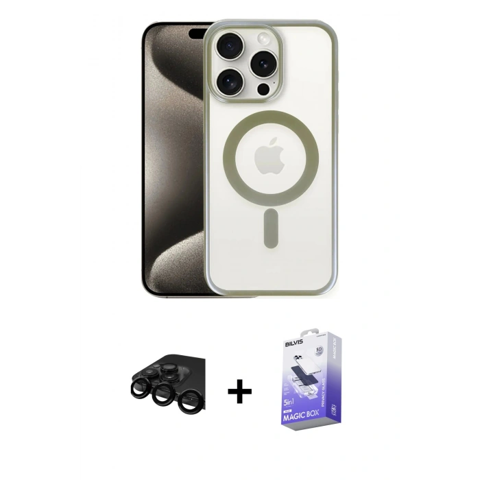 MARSİLYAN™- iPhone 15 Pro Max Kılıf Siluet Çizgi Serisi - Siyah Bilvis 5in1 5D Magic Hayalet Cam Ekran Koruyucu + Siyah Raze Metal Kamera Lens
