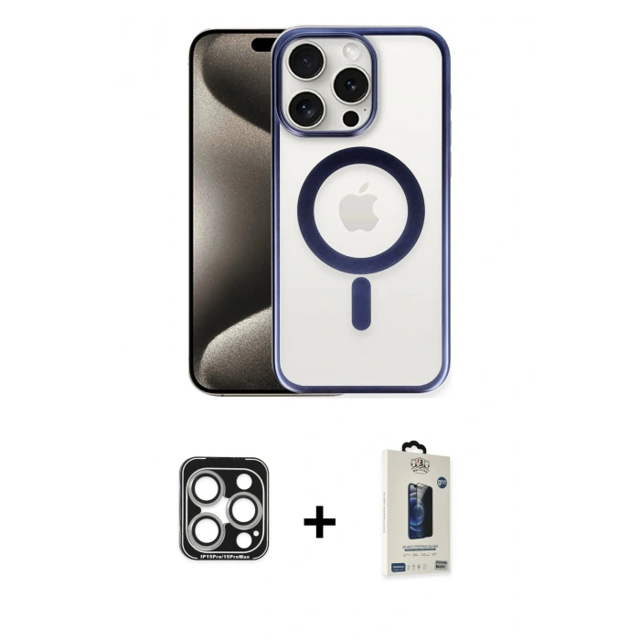 MARSİLYAN™- iPhone 15 Pro Max Kılıf Siluet Çizgi Serisi - Siyah Bilvis Hayalet Cam Ekran Koruyucu + Gümüş PVD Metal Kamera Lens