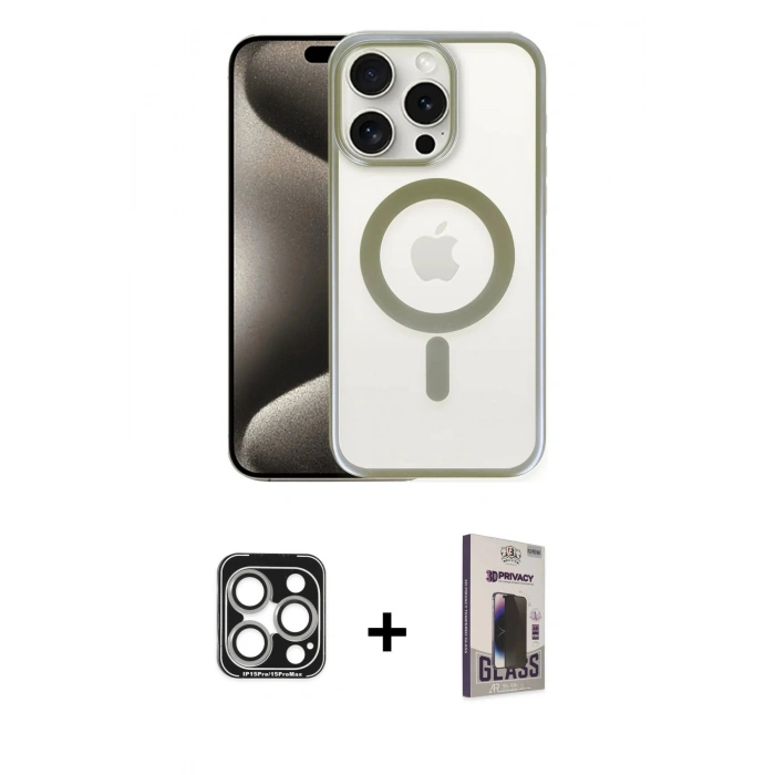 MARSİLYAN™- iPhone 15 Pro Max Kılıf Siluet Çizgi Serisi - Siyah Bilvis Hayalet Cam Ekran Koruyucu + PVD Metal Kamera Lens - GS