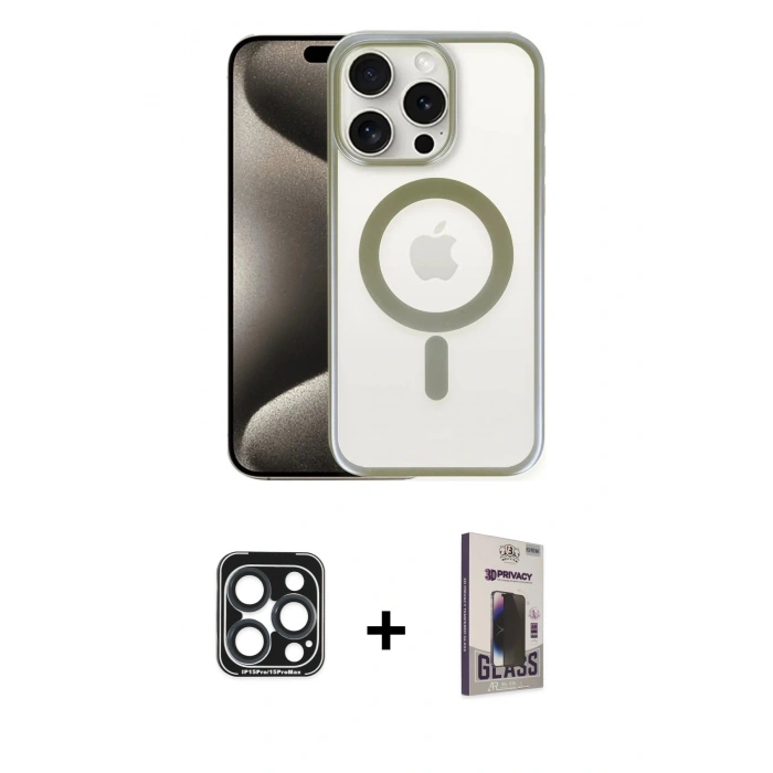 MARSİLYAN™- iPhone 15 Pro Max Kılıf Siluet Çizgi Serisi - Siyah Bilvis Hayalet Cam Ekran Koruyucu + PVD Metal Kamera Lens - LT