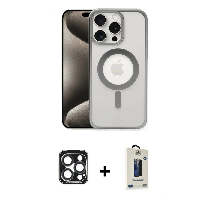 MARSİLYAN™- iPhone 15 Pro Max Kılıf Siluet Çizgi Serisi - Siyah Bilvis Hayalet Cam Ekran Koruyucu + PVD Metal Kamera Lens - LT