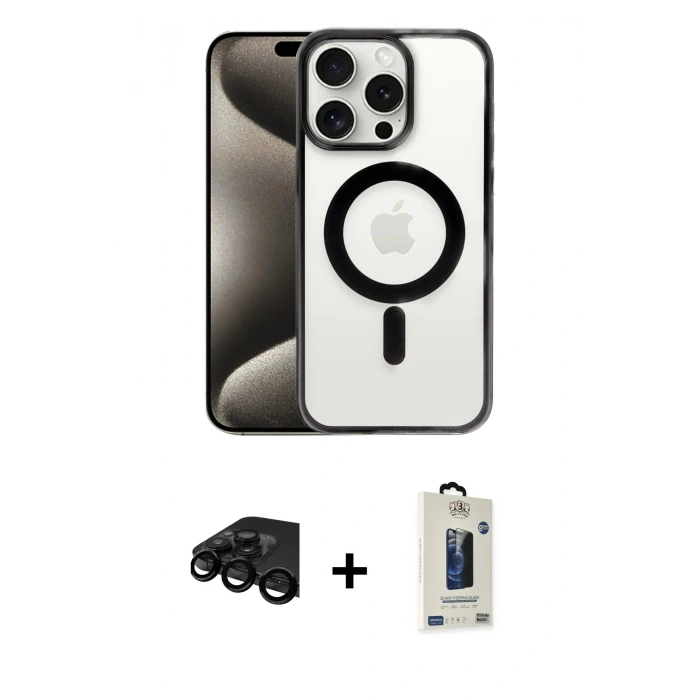 MARSİLYAN™- iPhone 15 Pro Max Kılıf Siluet Çizgi Serisi - Siyah Bilvis Hayalet Cam Ekran Koruyucu + Raze Metal Kamera Lens - SH