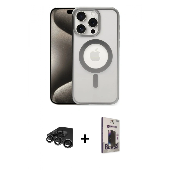 MARSİLYAN™- iPhone 15 Pro Max Kılıf Siluet Çizgi Serisi - Siyah Bilvis Hayalet Cam Ekran Koruyucu + Raze Metal Kamera Lens - TMGI