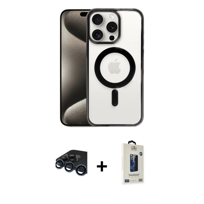 MARSİLYAN™- iPhone 15 Pro Max Kılıf Siluet Çizgi Serisi - Siyah Bilvis Hayalet Cam Ekran Koruyucu + Raze Metal Kamera Lens - LT