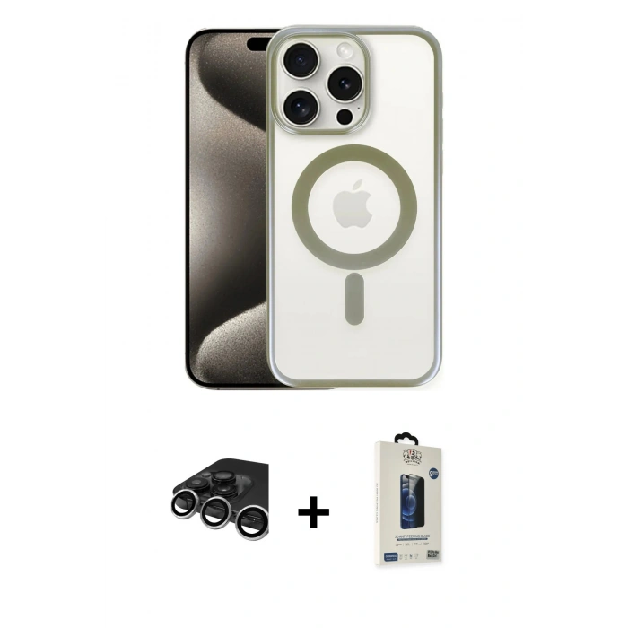 MARSİLYAN™- iPhone 15 Pro Max Kılıf Siluet Çizgi Serisi - Siyah Bilvis Hayalet Cam Ekran Koruyucu + Raze Metal Kamera Lens - GS