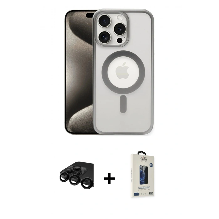 MARSİLYAN™- iPhone 15 Pro Max Kılıf Siluet Çizgi Serisi - Siyah Bilvis Hayalet Cam Ekran Koruyucu + Raze Metal Kamera Lens - SH