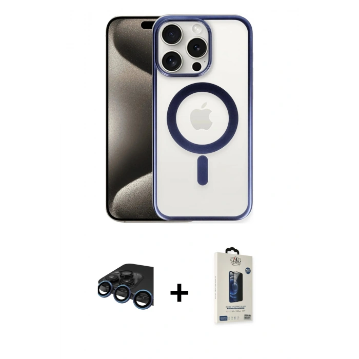 MARSİLYAN™- iPhone 15 Pro Max Kılıf Siluet Çizgi Serisi - Siyah Bilvis Hayalet Cam Ekran Koruyucu + Raze Metal Kamera Lens - LT