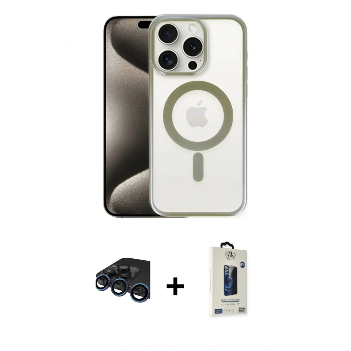 MARSİLYAN™- iPhone 15 Pro Max Kılıf Siluet Çizgi Serisi - Siyah Bilvis Hayalet Cam Ekran Koruyucu + Raze Metal Kamera Lens - LT
