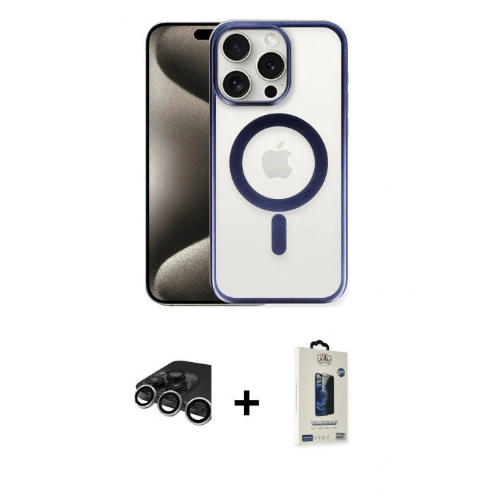 MARSİLYAN™- iPhone 15 Pro Max Kılıf Siluet Çizgi Serisi - Siyah Bilvis Hayalet Cam Ekran Koruyucu + Raze Metal Kamera Lens - GS