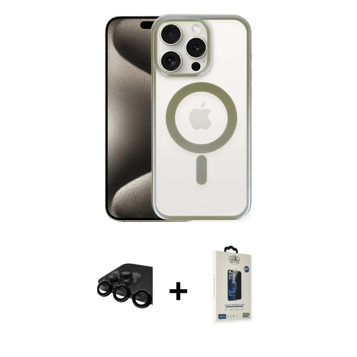 MARSİLYAN™- iPhone 15 Pro Max Kılıf Siluet Çizgi Serisi - Siyah Bilvis Hayalet Cam Ekran Koruyucu + Raze Metal Kamera Lens - SH