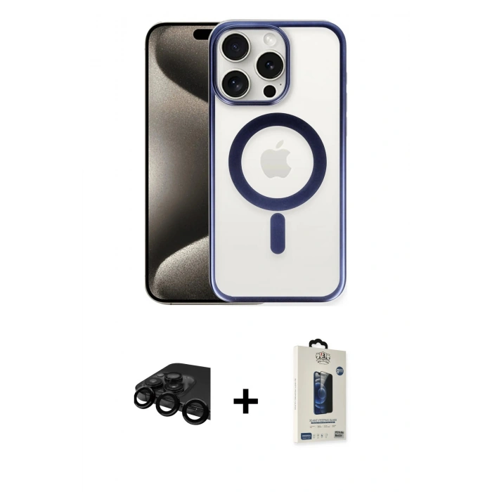 MARSİLYAN™- iPhone 15 Pro Max Kılıf Siluet Çizgi Serisi - Siyah Bilvis Hayalet Cam Ekran Koruyucu + Raze Metal Kamera Lens - SH
