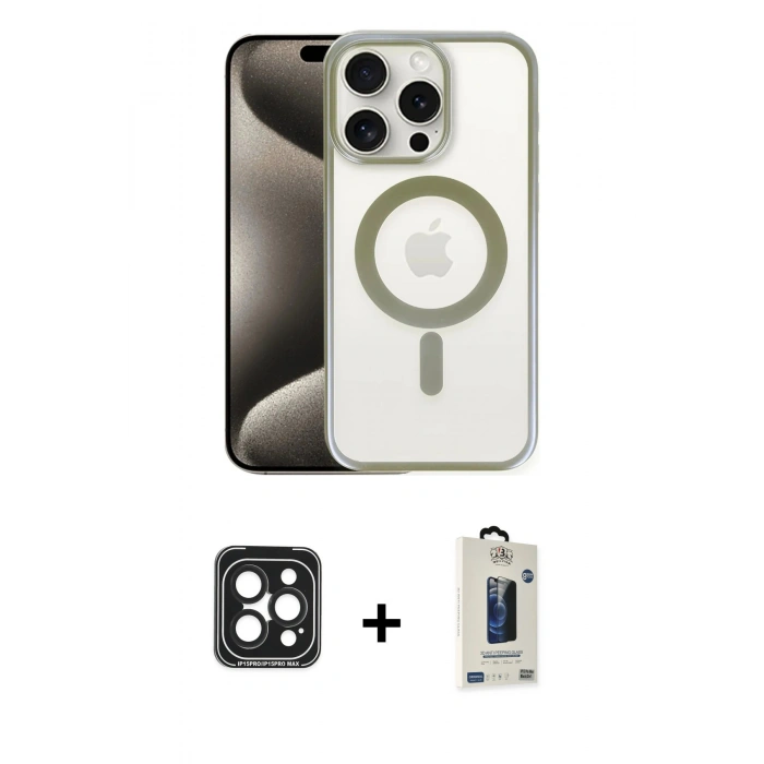 MARSİLYAN™- iPhone 15 Pro Max Kılıf Siluet Çizgi Serisi - Siyah Bilvis Hayalet Cam Ekran Koruyucu + PVD Metal Kamera Lens - SH