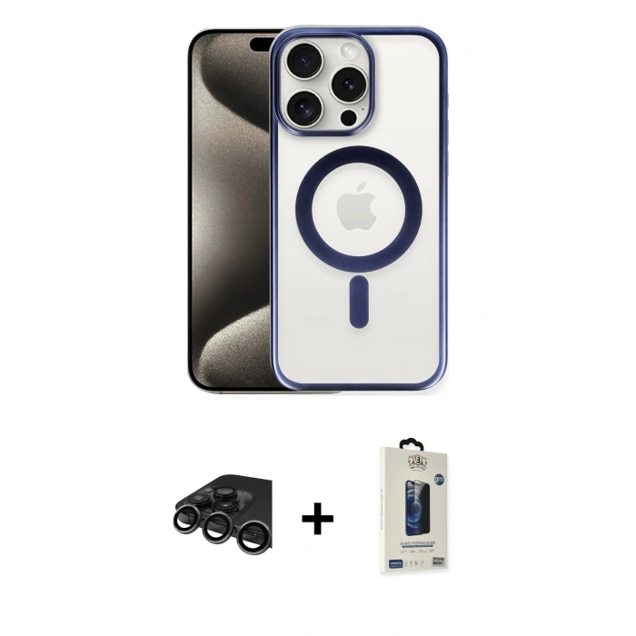 MARSİLYAN™- iPhone 15 Pro Max Kılıf Siluet Çizgi Serisi - Siyah Bilvis Hayalet Cam Ekran Koruyucu + Raze Metal Kamera Lens - TMGI