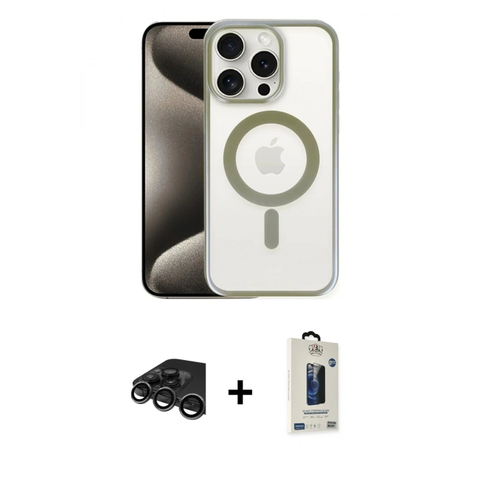 MARSİLYAN™- iPhone 15 Pro Max Kılıf Siluet Çizgi Serisi - Siyah Bilvis Hayalet Cam Ekran Koruyucu + Raze Metal Kamera Lens - TMGI