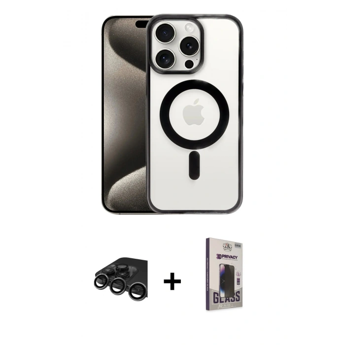 MARSİLYAN™- iPhone 15 Pro Max Kılıf Siluet Çizgi Serisi - Siyah Bilvis Hayalet Cam Ekran Koruyucu + Titanyum Gri Raze Metal Kamera Lens