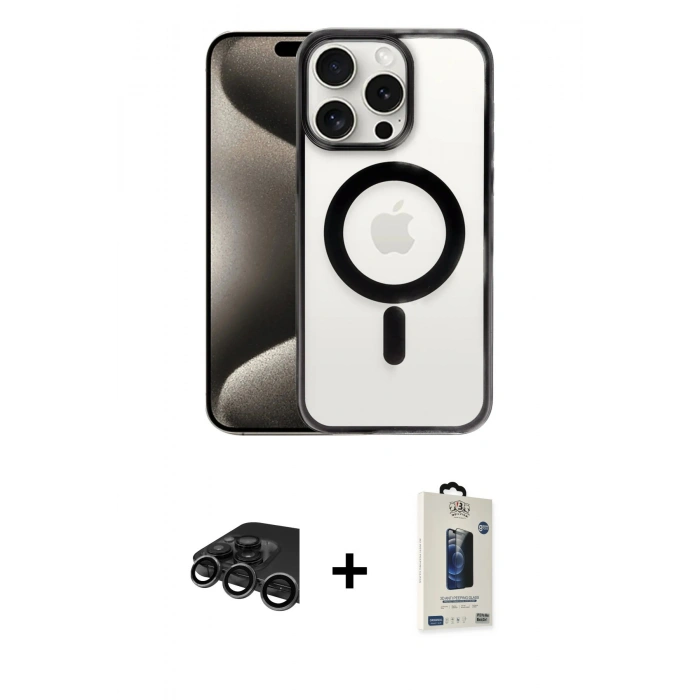 MARSİLYAN™- iPhone 15 Pro Max Kılıf Siluet Çizgi Serisi - Siyah Bilvis Hayalet Cam Ekran Koruyucu + Raze Metal Kamera Lens - TMGI