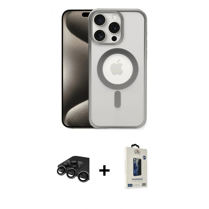 MARSİLYAN™- iPhone 15 Pro Max Kılıf Siluet Çizgi Serisi - Siyah Bilvis Hayalet Cam Ekran Koruyucu + Raze Metal Kamera Lens - TMGI