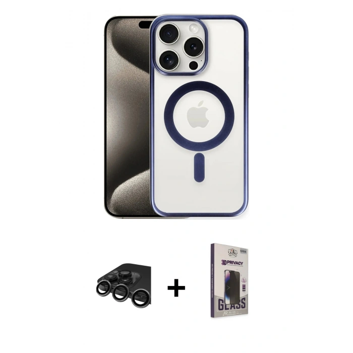 MARSİLYAN™- iPhone 15 Pro Max Kılıf Siluet Çizgi Serisi - Siyah Bilvis Hayalet Cam Ekran Koruyucu + Titanyum Gri Raze Metal Kamera Lens