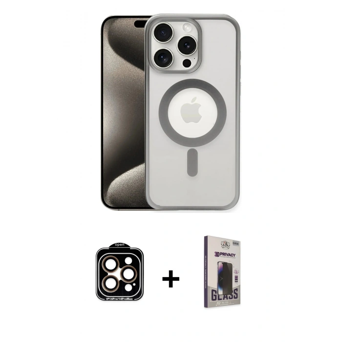 MARSİLYAN™- iPhone 15 Pro Max Kılıf Siluet Çizgi Serisi - Siyah Bilvis Hayalet Cam Ekran Koruyucu + PVD Metal Kamera Lens - TU