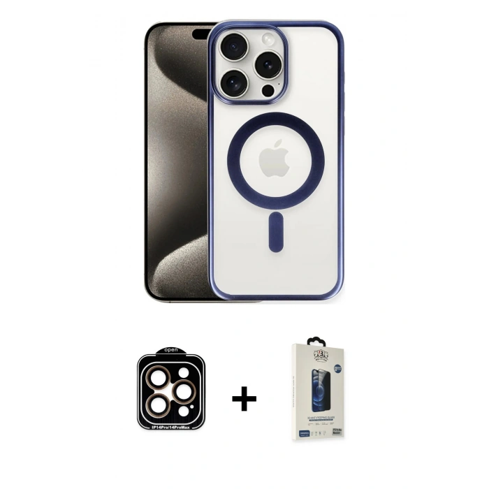 MARSİLYAN™- iPhone 15 Pro Max Kılıf Siluet Çizgi Serisi - Siyah Bilvis Hayalet Cam Ekran Koruyucu + Turuncu PVD Metal Kamera Lens