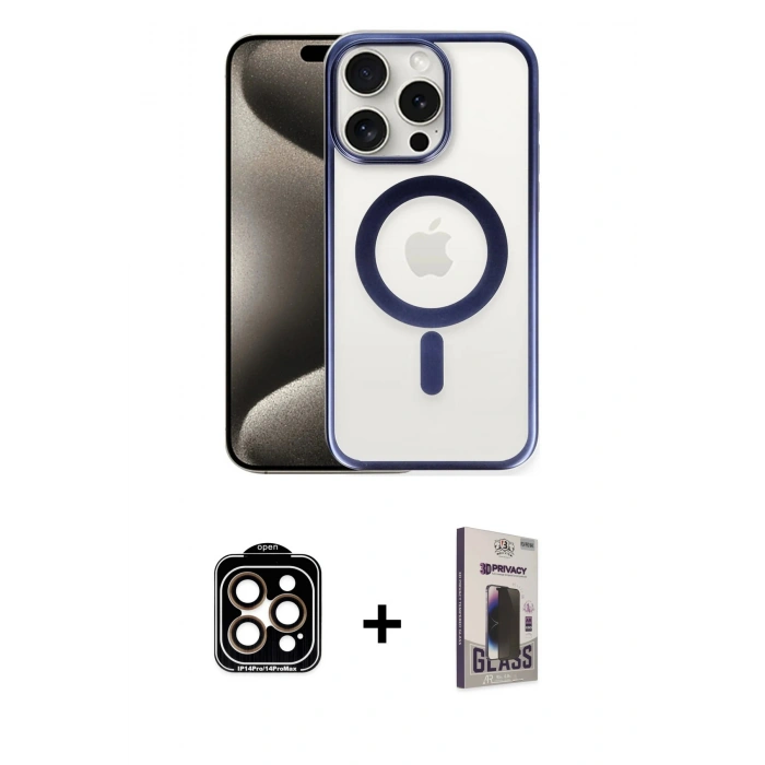 MARSİLYAN™- iPhone 15 Pro Max Kılıf Siluet Çizgi Serisi - Siyah Bilvis Hayalet Cam Ekran Koruyucu + PVD Metal Kamera Lens - TU